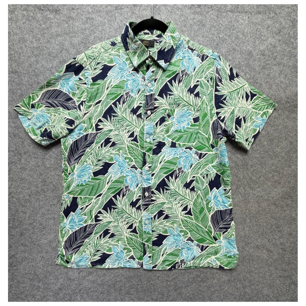 Club Room Luxury Mens Large Green Blue Tropical 100% Linen Button Up Shirt - Picture 1 of 9